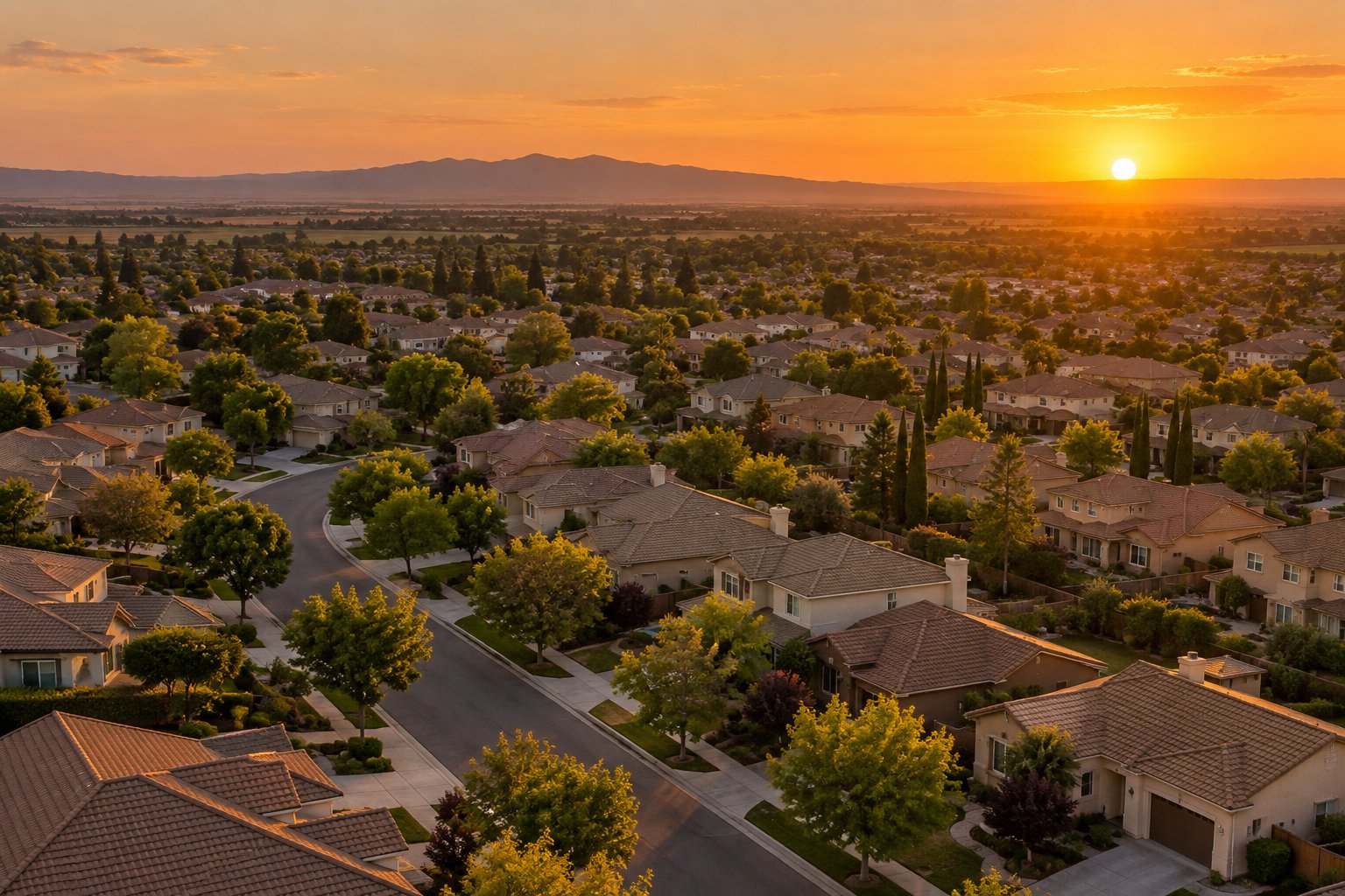 A Central Valley, California neighborhood at dusk