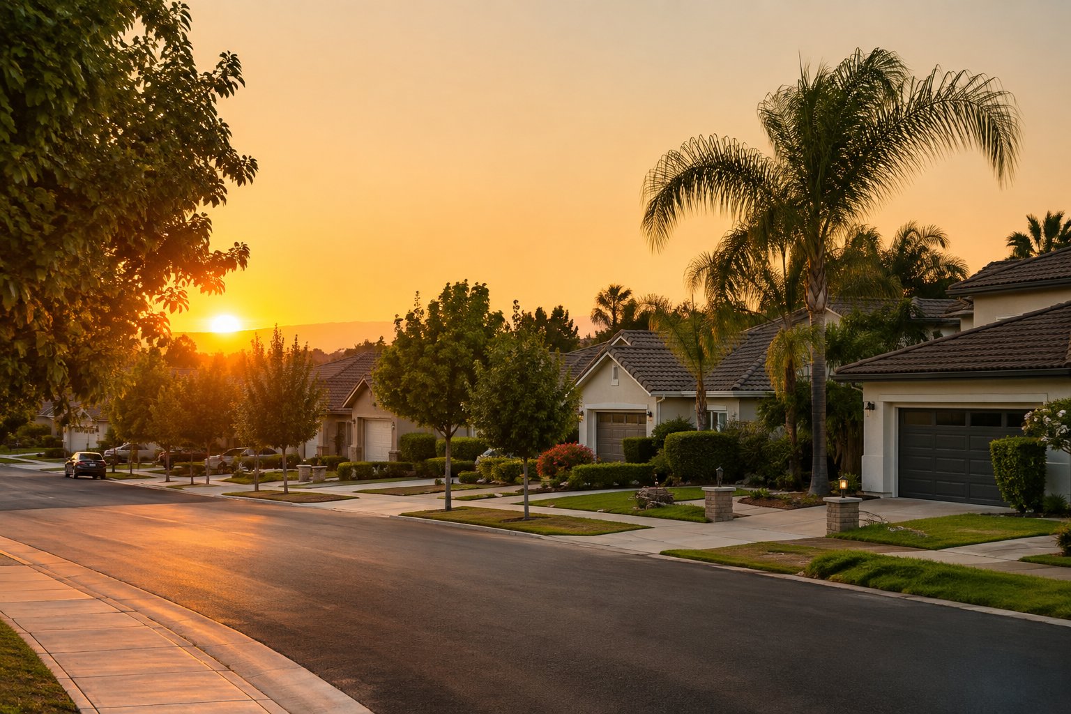 A Central Valley street at sunset, illustrative