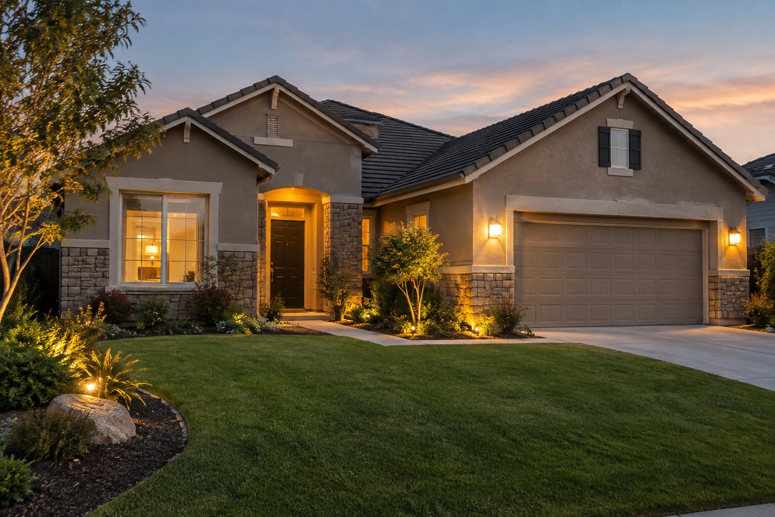 A Central Valley home exterior at dusk, illustrative